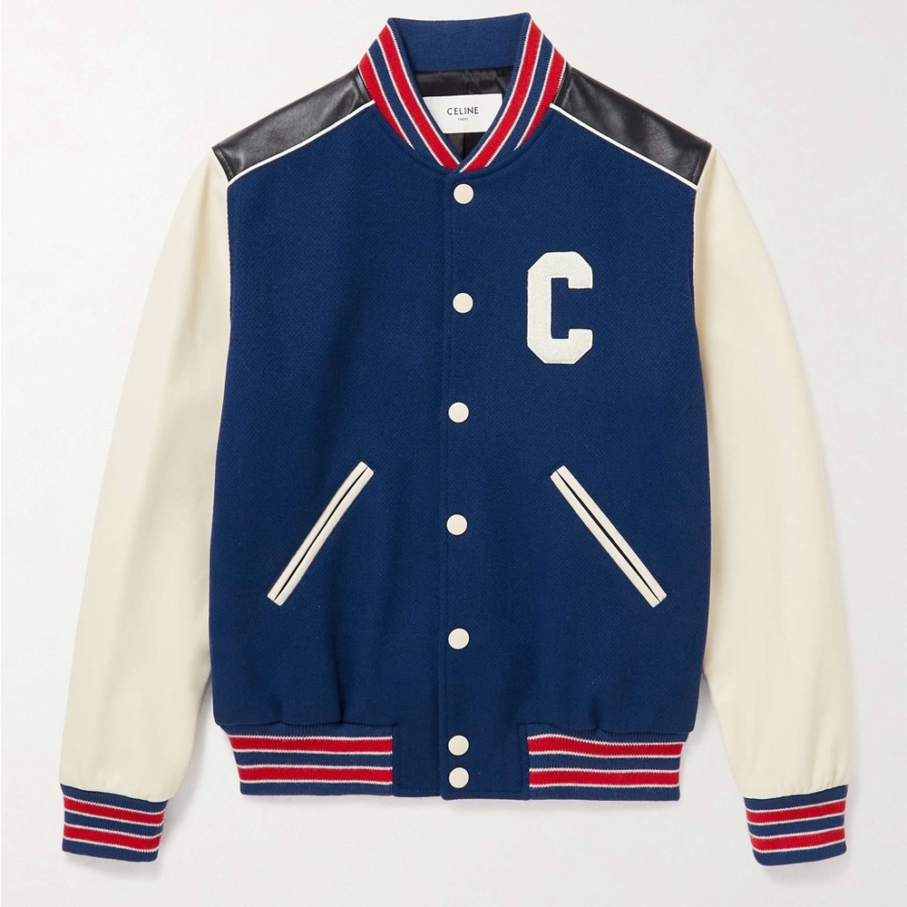 CELINE HOMME Logo Wool-Blend and Leather Varsity Jacket
